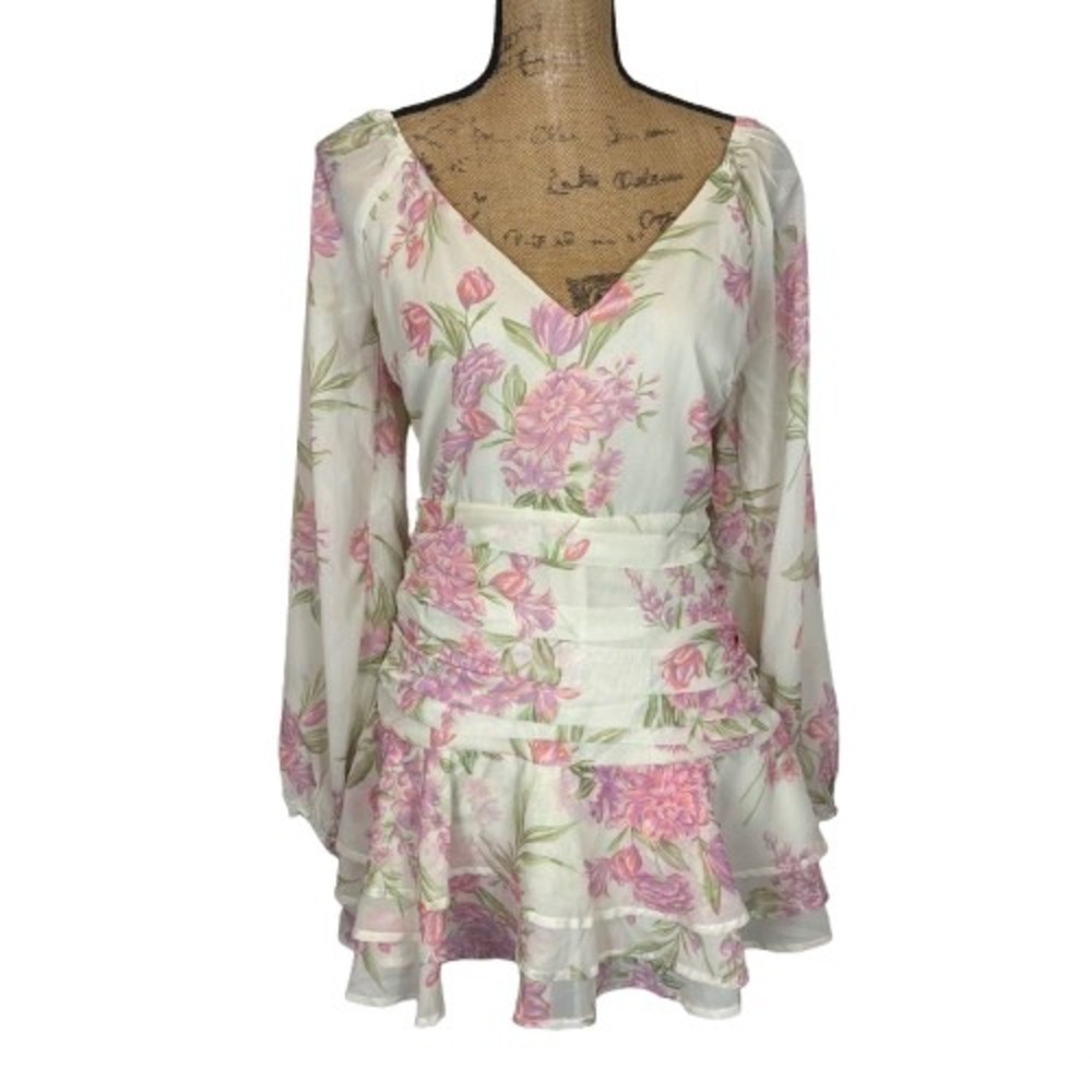 Showpo White Pink Floral Long Sleeve Mini Dress Ruched‎ Waist Coquette Size 6